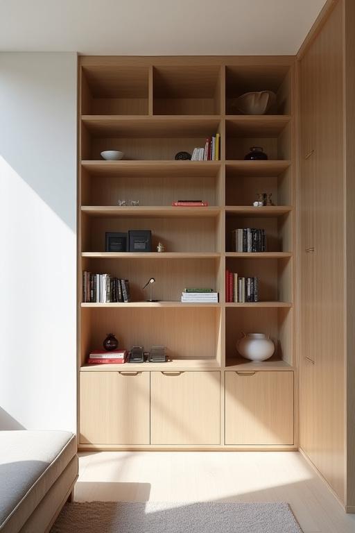 Specialbygget opbevaringsreol i lyst træ