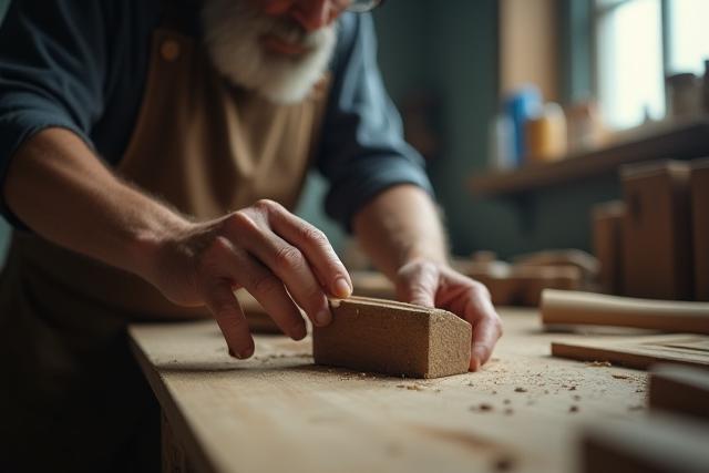 Gamle snedkeres hænder arbejder med træ i et traditionelt værksted, om-os-historie-vaerksted