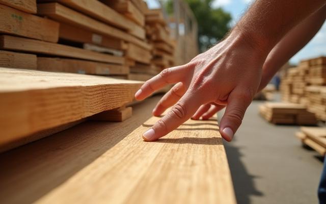Håndværker inspicerer en stabel bæredygtigt certificeret træ i et værksted