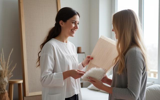 Interiørdesigner præsenterer møbelprøver for klient i et stilfuldt hjem