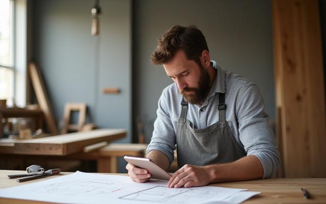 Specialdesignet spisebord i massiv eg, håndværker tegner skitser