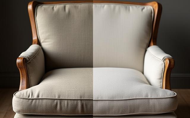 Før og efter billeder af en restaureret antik lænestol, den nye polstring er synlig